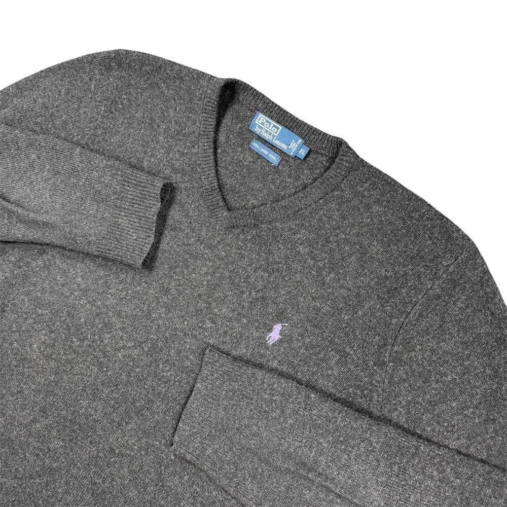 Polo Ralph Lauren Men XL Charcoal Gray 100% Lambswool V-Neck Sweater Purple Pony